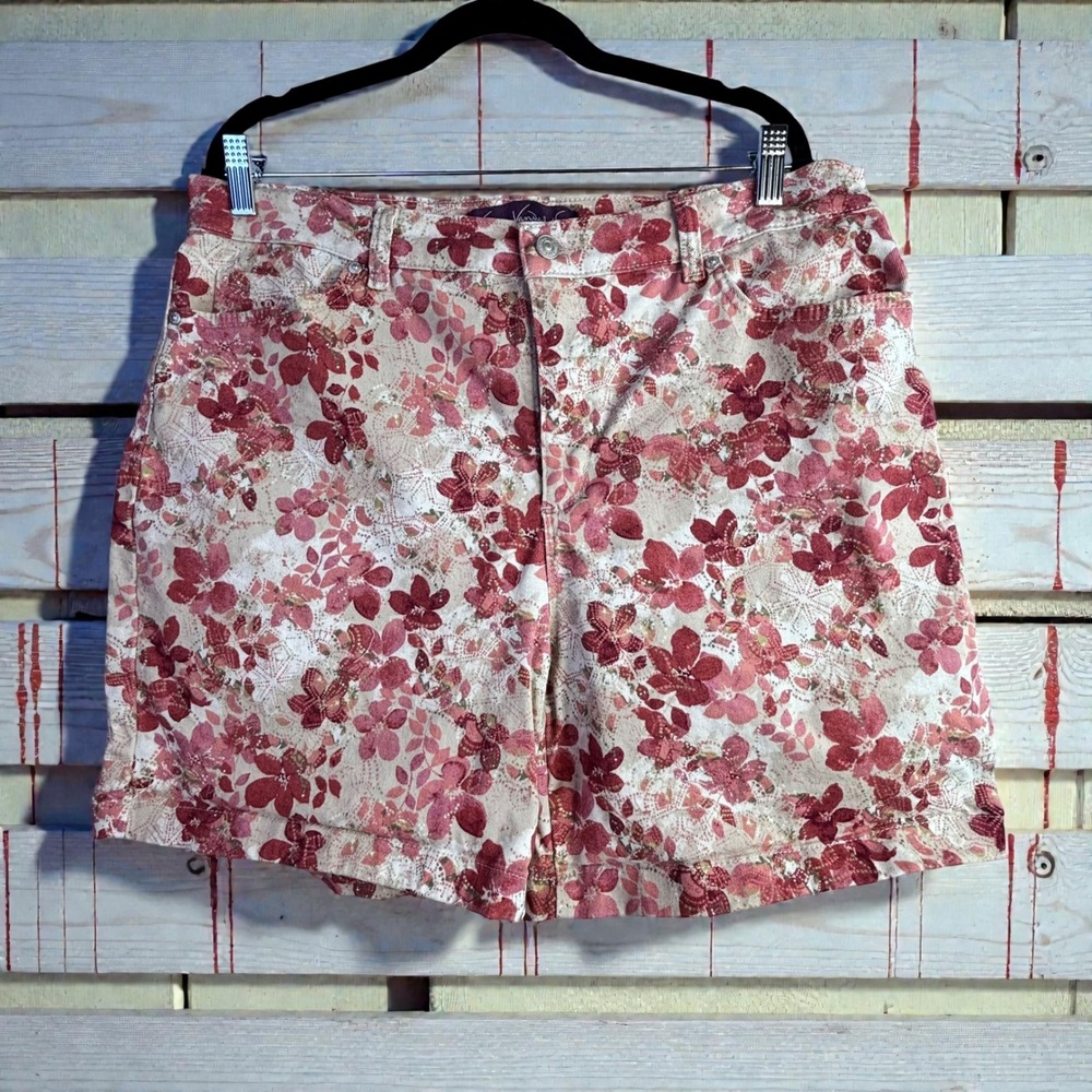 Vintage Floral Denim Shorts 16 Red Pink Cotton Stretch Jorts Cottage Feminine - Picture 2 of 11